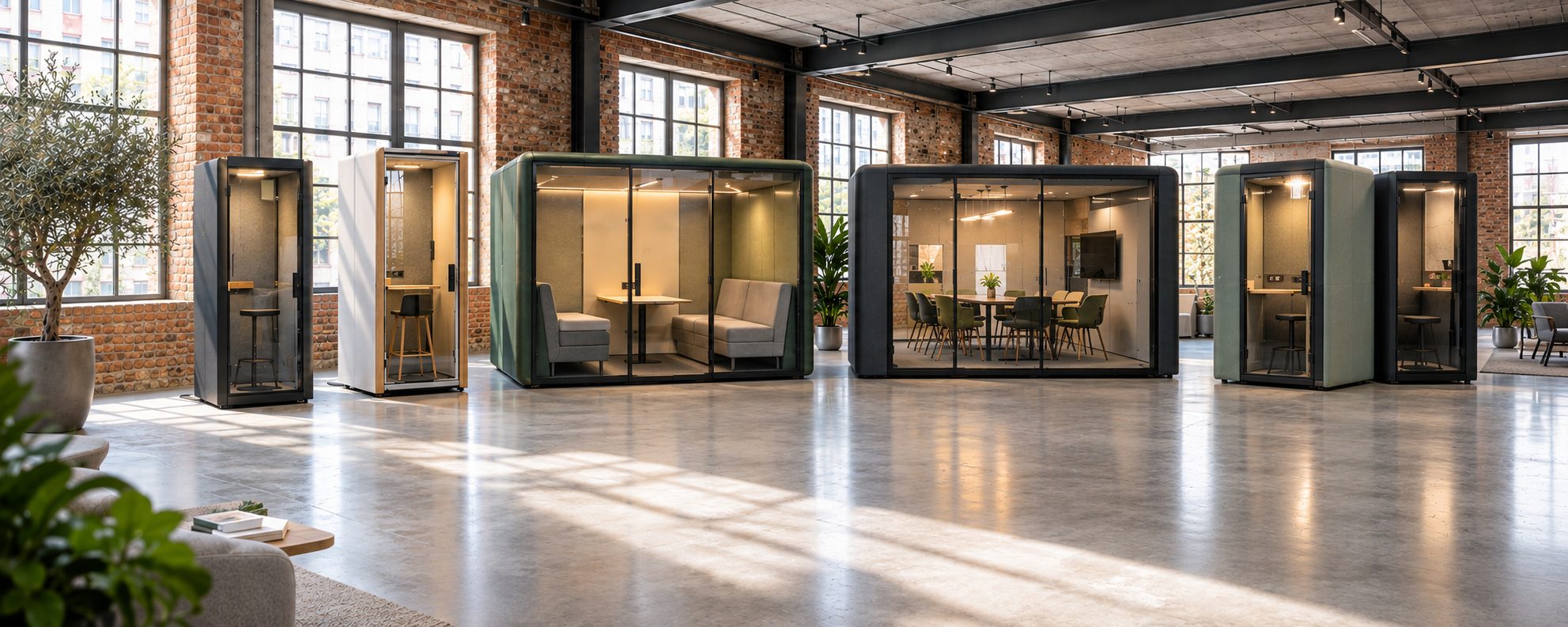 Showroom mit mehreren refurbished Telefon- und Meetingboxen in einem Loft-Büro